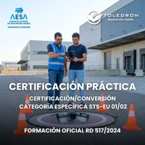Alumno e instructor certificado junto a un dron en la helisuperficie durante la evaluación para la certificación y conversión práctica STS-EU de AESA.