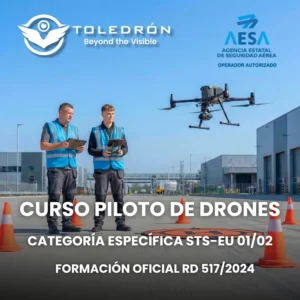Dron profesional DJI operado por un instructor con mando de control remoto durante una sesión de formación para la certificación en escenarios estándar europeos STS-EU-01 y STS-EU-02