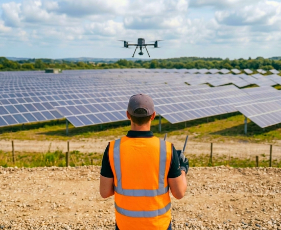 inspeccion-drones-paneles-solares-plantas-fotovoltaicas Piloto de drones operando un UAS profesional con chaleco reflectante frente a un parque solar durante una inspección termográfica de paneles fotovoltaicos.