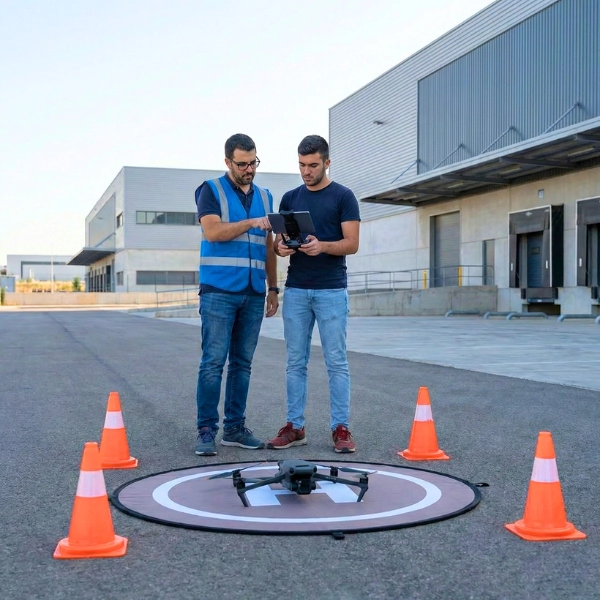 alumno-e-instructor-examen-practico-drones-sts-eu-toledron Alumno e instructor de Toledrón junto a un dron en la pista de despegue de un polígono industrial listos para iniciar el examen práctico STS-EU.