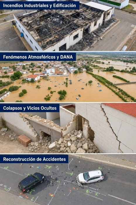 ambitos-aplicacion-peritacion-siniestros-accidentes-drones-toledron Infografía vertical de 4 paneles con ámbitos de peritación de siniestros con drones: incendios industriales y edificación, fenómenos atmosféricos y DANA, colapsos y vicios ocultos, y reconstrucción de accidentes viales por Toledrón.