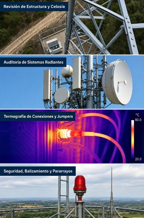 auditoria-torres-telecomunicacion-antenas-celosia-termografia-toledron Collage de 4 imágenes que muestra la auditoría técnica de torres de telecomunicación con drones: revisión de estructura y celosía, auditoría de sistemas radiantes, termografía de conexiones y jumpers, y seguridad con balizamiento y pararrayos por Toledrón.
