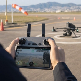 Alumno con emisora inteligente en campo de vuelo para la categoría de guías y formación oficial de pilotos de drones de Toledrón.