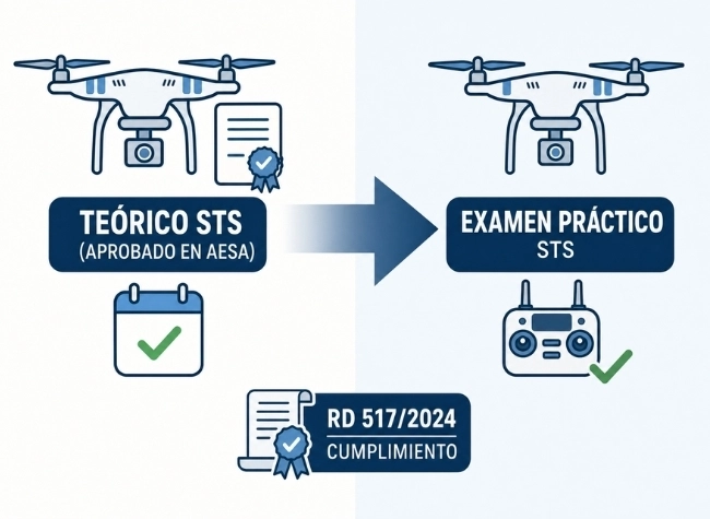 examen-practico-drones-sts-eu-vias-acreditacion-aesa Composición explicativa del examen práctico STS-EU de AESA que muestra la opción de evaluación de aptitudes prácticas a la izquierda y la vía de conversión para pilotos con práctica STS-ES previa a la derecha.