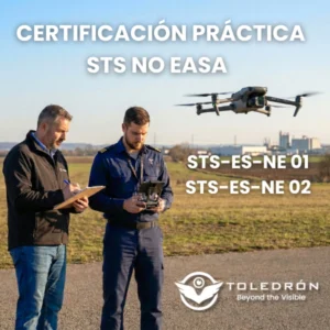 Alumno e instructor de Toledrón realizando la evaluación presencial del examen práctico STS NO EASA para operaciones con drones en seguridad y emergencias.