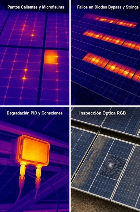 fallos-termograficos-paneles-solares-hotspots-diodos-pid-toledron Collage de 4 imágenes que muestra los fallos típicos en paneles solares: puntos calientes y microfisuras, fallos en diodos bypass y strings, degradación PID y conexiones, e inspección óptica RGB.