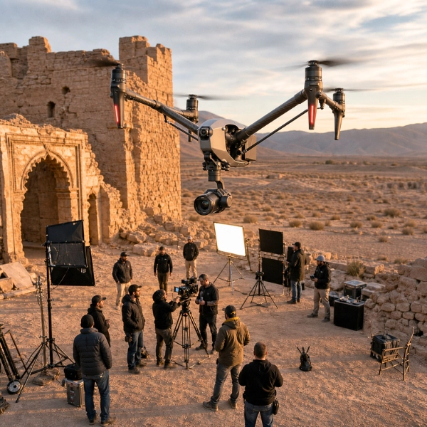 filmacion-aerea-dron-cine-rodaje-pelicula-toledron Dron profesional de cine y rodaje audiovisual operando en set de grabación cinematográfica en exteriores para producción de película.