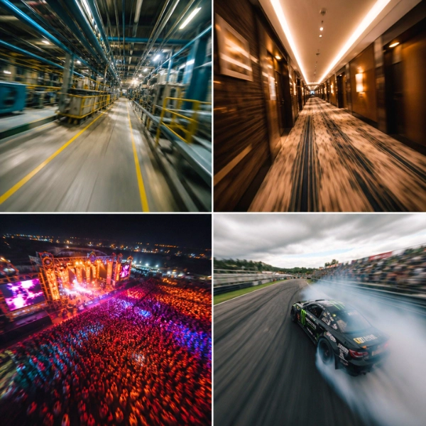 grabacion-fpv-filmacion-aerea-eventos-industria-motor-toledron Collage de tomas con drones FPV mostrando planos secuencia en una fábrica industrial, el pasillo de un hotel, un festival de música en directo y una persecución de coche de drift en circuito.