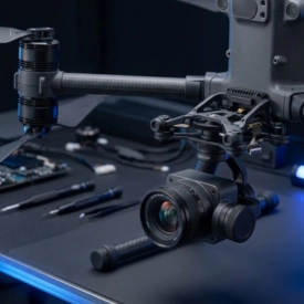Fotografía macro de estudio ultra detallada del brazo de fibra de carbono texturizada y el gimbal estabilizador de 3 ejes Zenmuse con la cámara de un dron industrial DJI Matrice 300, sobre una mesa técnica de trabajo oscura con toques de luz LED azul.