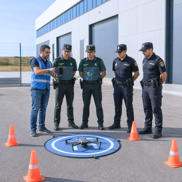 Instructor de Toledrón impartiendo formación práctica con dron a agentes de la Guardia Civil y Policía Nacional para operaciones NO EASA.