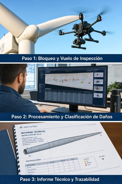 Infografía del flujo de trabajo en 3 pasos para la inspección de aerogeneradores con drones: bloqueo y vuelo de inspección de pala, procesamiento y clasificación de daños, e informe técnico con trazabilidad por Toledrón.