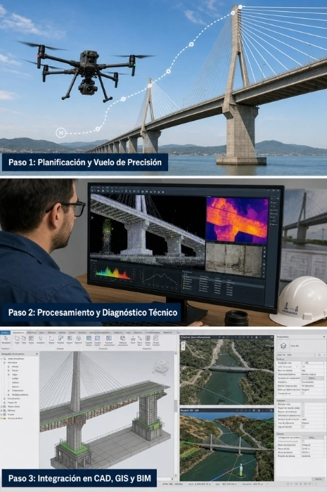 metodologia-inspeccion-infraestructuras-drones-bim-cad-gis-toledron Infografía del flujo de trabajo en 3 pasos para la inspección técnica de infraestructuras con drones: planificación y vuelo de precisión en viaducto, procesamiento y diagnóstico técnico, e integración de datos en CAD, GIS y modelos BIM por Toledrón.