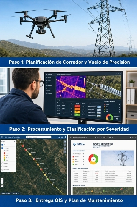 metodologia-inspeccion-lineas-electricas-drones-termografia-gis-toledron Infografía del flujo de trabajo en 3 pasos para la inspección de redes eléctricas con drones: planificación de corredor y vuelo de precisión, procesamiento y clasificación por severidad, y entrega GIS con plan de mantenimiento por Toledrón.