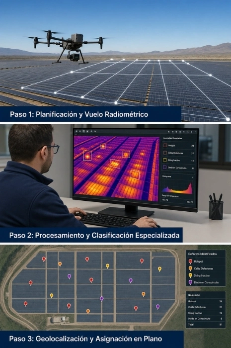 metodologia-inspeccion-termografica-drones-plantas-fotovoltaicas-toledron Infografía del flujo de trabajo en 3 pasos para la inspección fotovoltaica con drones: planificación y vuelo radiométrico, procesamiento y clasificación de anomalías térmicas, y geolocalización de fallos en plano.