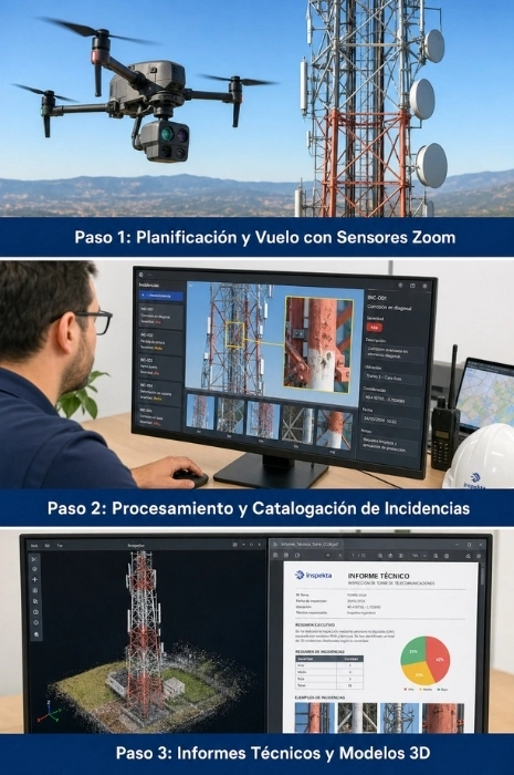metodologia-inspeccion-torres-telecomunicacion-drones-informes-3d-toledron Infografía del flujo de trabajo en 3 pasos para la inspección técnica de torres de telecomunicación con drones: planificación y vuelo con sensores zoom, procesamiento y catalogación de incidencias, e informes técnicos con modelos 3D por Toledrón.