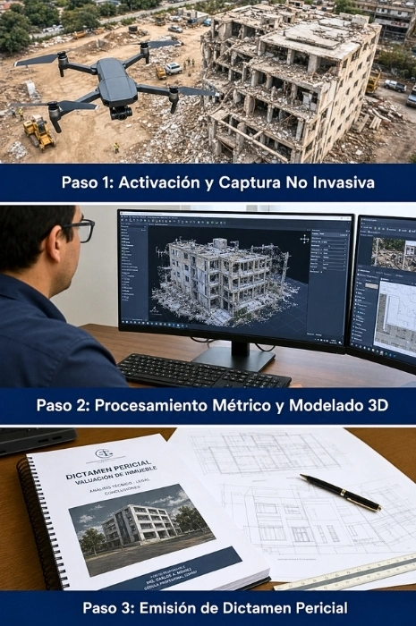 metodologia-peritacion-siniestros-drones-dictamen-pericial-toledron Infografía técnica vertical de 3 pasos con la metodología de peritación de siniestros con drones: activación y captura no invasiva sobre edificio colapsado, procesamiento métrico y modelado 3D, y emisión de dictamen pericial con planos por Toledrón.