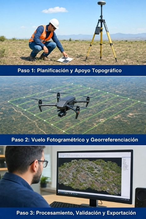 Infografía técnica vertical de 3 pasos que muestra la metodología de topografía y fotogrametría con drones: planificación y apoyo topográfico con dianas y antena GNSS, vuelo fotogramétrico y georreferenciación, y procesamiento, validación y exportación de modelos 3D por Toledrón.