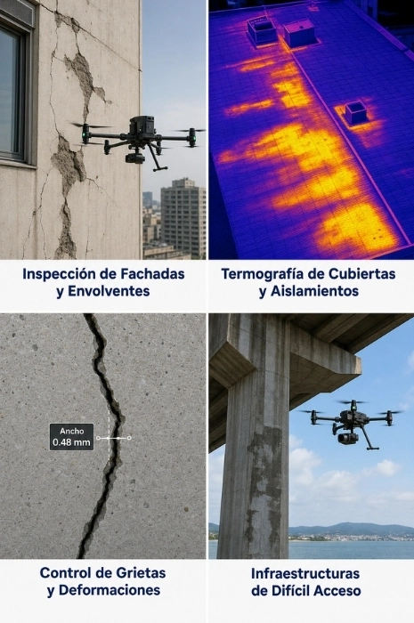 patologias-estructurales-edificios-obras-drones-termografia-grietas-toledron Collage de 4 imágenes que muestra el diagnóstico de patologías con drones: inspección de fachadas y envolventes, termografía de cubiertas y aislamientos, control milimétrico de grietas y revisión de infraestructuras de difícil acceso por Toledrón.