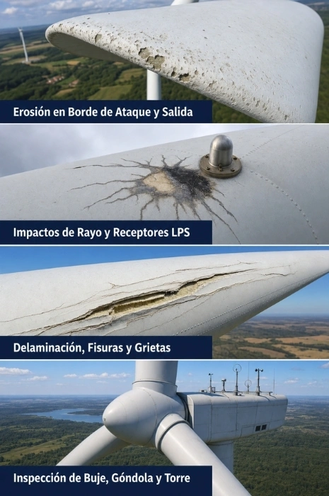 Collage de 4 imágenes que muestra el diagnóstico de patologías en aerogeneradores con drones: erosión y delaminación en borde de ataque, impactos de rayo en receptores LPS, fisuras y grietas estructurales, y daños en buje y nacelle por Toledrón.