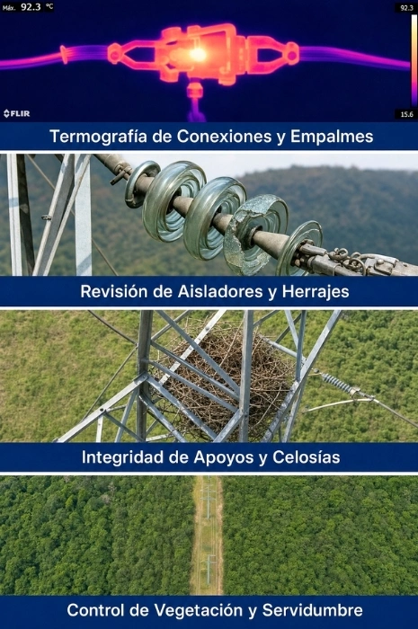 patologias-redes-electricas-drones-termografia-aisladores-servidumbre-toledron Collage de 4 imágenes que muestra patologías y fallos en redes eléctricas con drones: termografía de conexiones y empalmes por efecto Joule, revisión de aisladores de vidrio rotos y herrajes, nidos e integridad de apoyos de celosía, y control aéreo de vegetación en servidumbre por Toledrón.