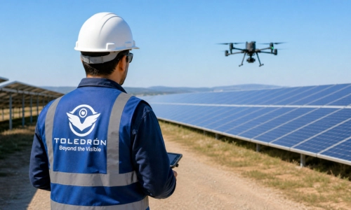 Dron industrial equipado con sensores térmicos y RGB realizando labores de inspección técnica en plantas solares, redes eléctricas y parques eólicos por Toledrón.