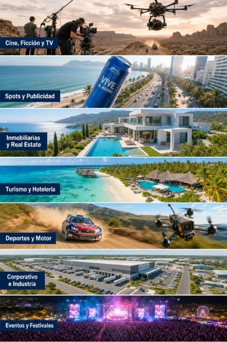 servicios-filmacion-aerea-sectores-audiovisuales-drones-toledron Infografía y collage de 7 imágenes mostrando los sectores de aplicación audiovisual con drones: cine, publicidad, inmobiliaria, turismo, motor, industria y festivales por Toledrón.
