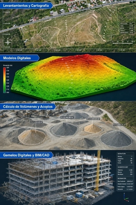 Infografía técnica de 4 paneles con los servicios de topografía y fotogrametría con drones: levantamientos y cartografía con curvas de nivel, modelos digitales del terreno, cálculo de volúmenes y acopios, y gemelos digitales compatibles con BIM y CAD por Toledrón.