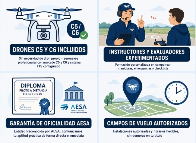 ventajas-formacion-practica-drones-sts-eu-toledron Collage de cuatro ilustraciones que representan los beneficios y ventajas de realizar la formación práctica del curso de piloto de drones STS con Toledrón.