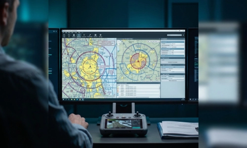 Operador consultando cartas aeronáuticas y zonificación del espacio aéreo en pantalla junto a control remoto de dron durante el curso de gestión aeronáutica y permisos de vuelo de Toledrón.