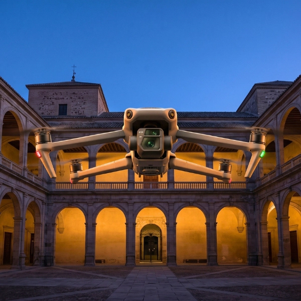 dron-mavic-3-cine-rodaje-nocturno-patio-historico-toledron Dron profesional DJI Mavic 3 Cine con cámara frontal suspendido en vuelo nocturno sobre el patio renacentista de un edificio monumental de Toledo para las prácticas del curso de filmación de Toledrón.