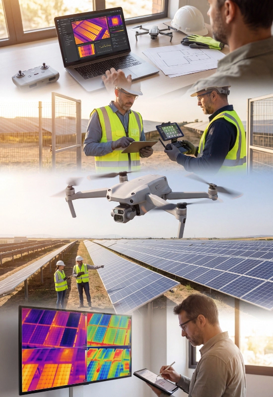 Composición vertical del flujo completo de inspección fotovoltaica con drones: procesamiento termográfico en software, planificación en campo con tablet, dron térmico en vuelo e informe técnico para el curso de Toledrón.