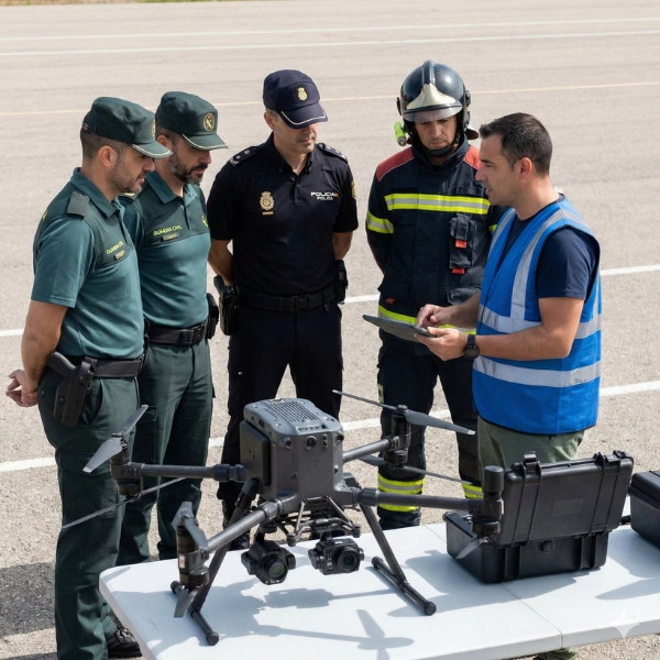Instructor de Toledrón con chaleco técnico explicando parámetros de vuelo en tablet a miembros de la Guardia Civil, Policía Nacional y Bomberos junto a un dron DJI Matrice sobre una mesa de operaciones.