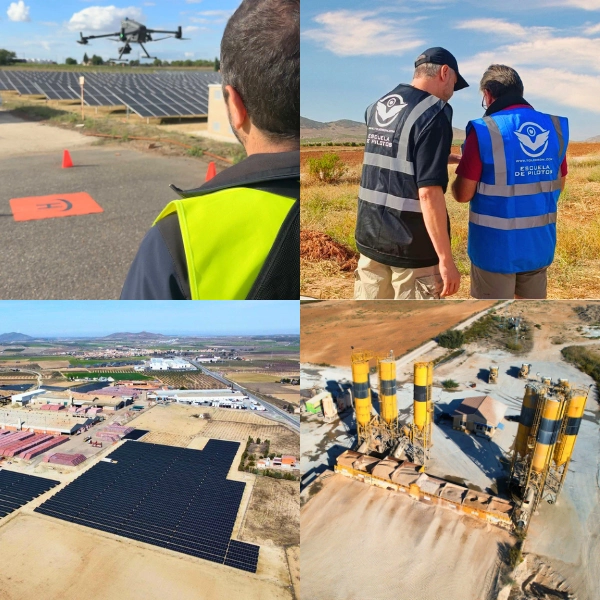 Mosaico de 4 imágenes de Toledrón que muestra un piloto operando un dron sobre un helipuerto portátil frente a una planta fotovoltaica, instructores supervisando en campo y vistas aéreas de un parque solar y silos de planta de hormigón.