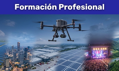 Rótulo de Formación Profesional sobre composición panorámica con dron multirrotor DJI Enterprise en vuelo frontal y áreas de especialización técnica: fotovoltaica, entorno urbano, cubiertas solares y audiovisual para Toledrón.