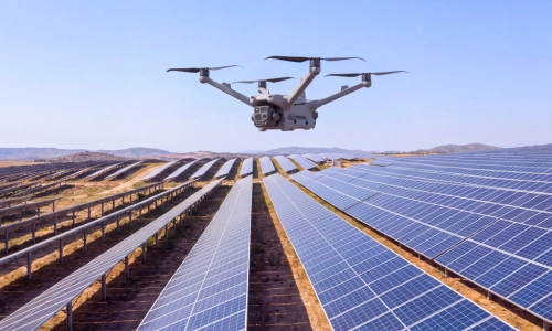 Dron multirrotor industrial en vuelo estacionario sobrevolando hileras de paneles solares en una planta fotovoltaica para el curso de especialización técnica de Toledrón.