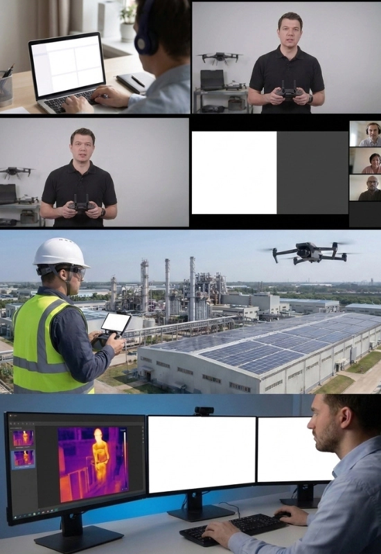 metodologia-curso-inspeccion-industrial-termografia-drones-toledron Composición vertical de cuatro fases del curso de inspección de Toledrón: aula virtual técnica, masterclass online en directo con simulador, vuelo de inspección en fábrica real con paneles solares y análisis de datos termográficos en oficina técnica.