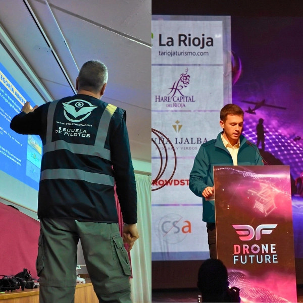 Composición dividida que muestra a un instructor de Toledrón impartiendo clase técnica de normativa aeronáutica y a Rafa Ocón de DroneGuru como ponente en el atril del congreso Drone Future.