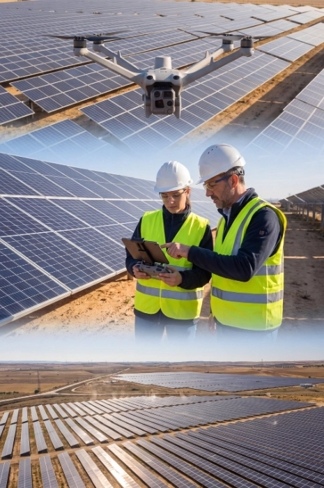 Composición vertical de tres paneles que muestra un dron industrial DJI Enterprise en vuelo, instructores equipados con EPIs y tablet analizando paneles solares, y panorámica de un parque solar para el curso de inspección de plantas fotovoltaicas de Toledrón.