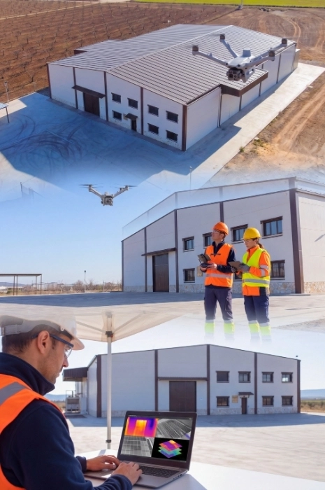 practicas-inspeccion-industrial-termografia-fabrica-real-toledron Composición vertical de prácticas del curso de inspección industrial de Toledrón: vuelo técnico de dron sobre cubierta con placas solares, operadores con EPIS coordinando en tierra y volcado de datos termográficos en portátil frente a la fábrica.