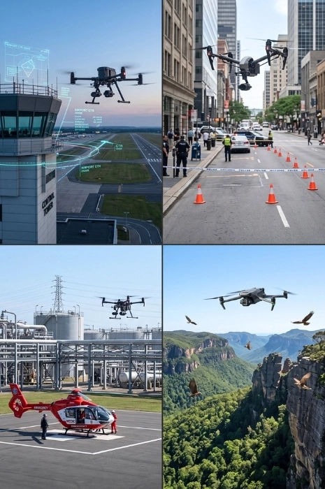 proceso-contenidos-curso-gestion-aeronautica-permisos-drones-toledron Collage vertical de cuatro situaciones operativas complejas de vuelo con drones: coordinación en torre de control CTR, entorno urbano balizado, helipuerto de emergencias y paraje natural protegido para el curso de gestión aeronáutica de Toledrón.