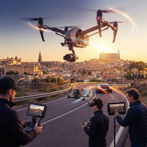 rodaje-persecucion-vehiculos-cine-tv-drones-inspire-fpv-toledo-toledron Equipo de rodaje audiovisual con monitores y mandos operando un dron DJI Inspire y un dron de carreras FPV para filmar la persecución de un coche en carretera con la panorámica de Toledo al atardecer para Toledrón.