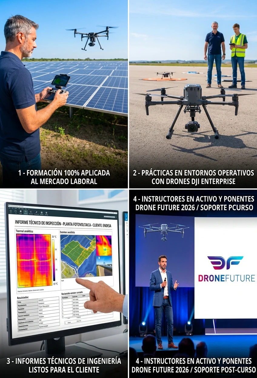 Infografía vertical de 4 cuadrículas con las ventajas de los cursos técnicos de Toledrón: formación orientada al mercado laboral, prácticas con DJI Enterprise, informes técnicos de ingeniería y ponentes del congreso Drone Future 2026.
