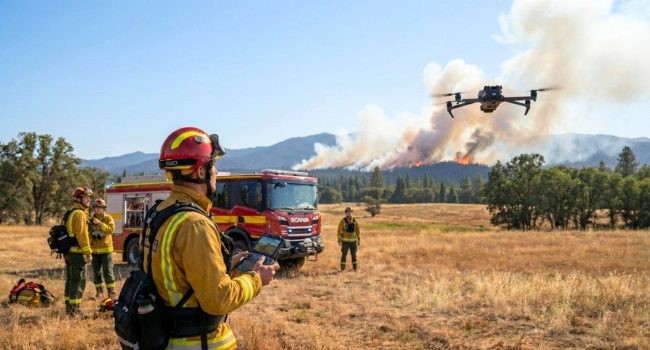 bomberos-pilotando-dron-incendio-forestal Bombero equipado pilotando un dron DJI Mavic 3 Enterprise hacia una columna de humo en un incendio forestal activo durante el día, con un camión de bomberos detrás.
