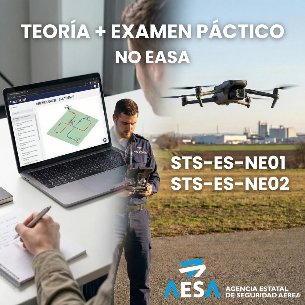 Piloto de Drones STS NO EASA (Teórico Online + Evaluación Práctica) Pack de formación integral: plataforma online de estudio teórico AESA y examen práctico piloto de drones STS no EASA