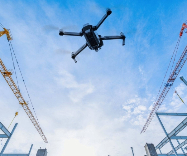 Dron volando hacia una obra con gruas