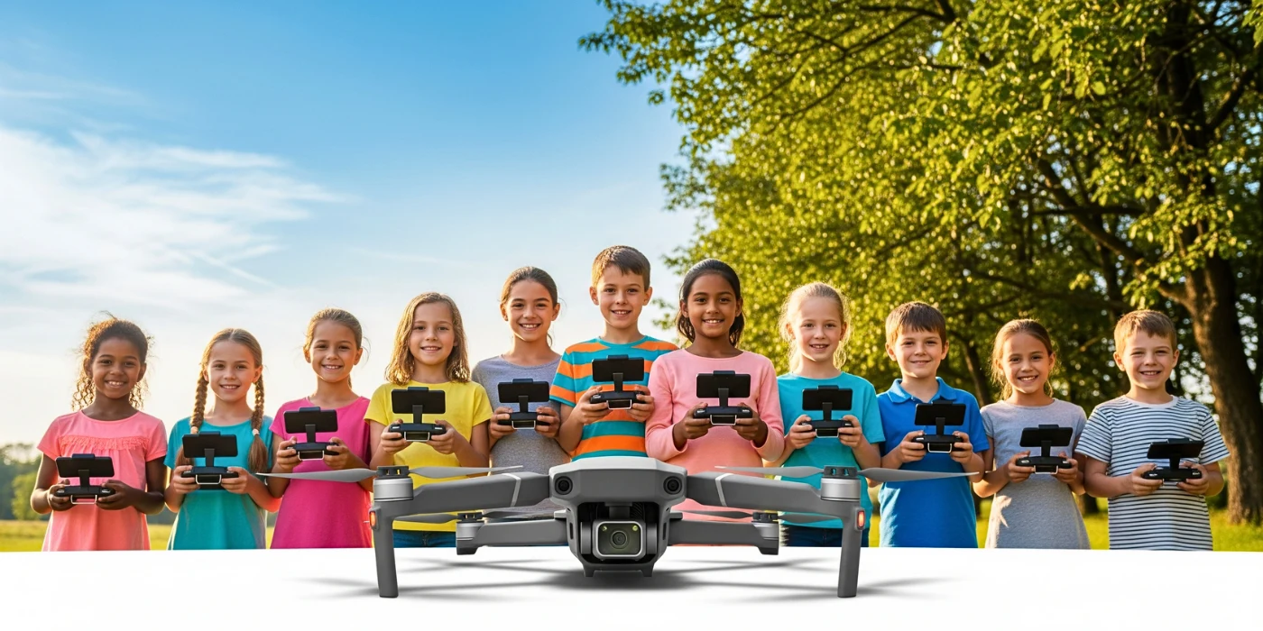Grupo diverso de niños sonrientes sujetando mandos en un taller de drones para niños al aire libre.