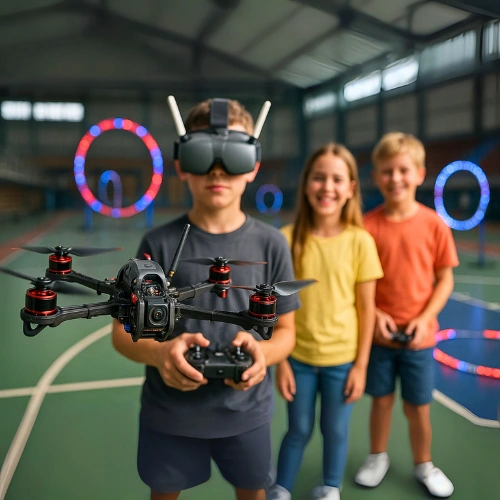 experiencia-drones-fpv-eventos Joven viviendo una experiencia inmersiva con gafas FPV en un taller de drones para eventos corporativos y celebraciones.