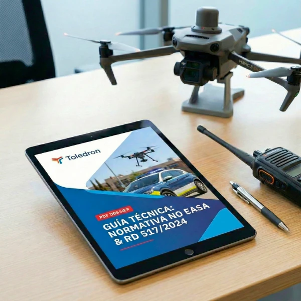 guia-tecnica-normativa-no-easa-rd517-2024 Tablet mostrando la Guía Técnica de Toledrón sobre normativa No EASA y RD 517/2024 junto a un dron profesional y equipo de radio