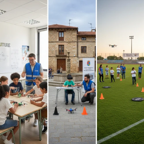 talleres-drones-ninos-colegios-ayuntamientos-eventos Montaje en tres escenas mostrando talleres de drones para niños: en un aula escolar, en una plaza organizada por un ayuntamiento y en un campo deportivo durante un evento infantil.